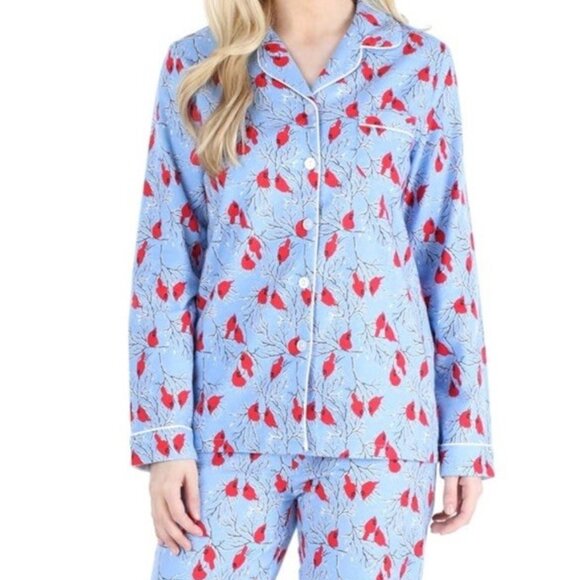 Pajama Mania Women’s Two Piece Flannel Pajamas Blue With Red Cardinals Size L - Picture 2 of 4